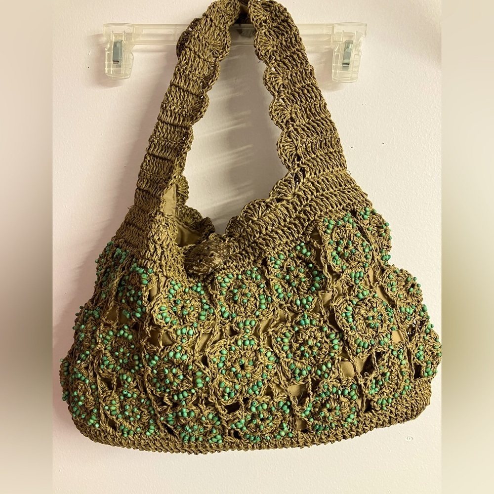 Women’s Summer Crocheted/Beaded Shoulder Bag, Tan/Green, Lined